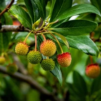 Arbutus unedo vagyis a nyugati szamócafa termései és fényes, örökzöld levelei.