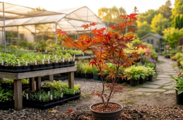 Fiatal cserepes Acer palmatum egy kertészetben