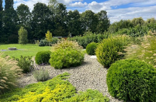 Jól átgondolt kavicságyás a kertben díszfüvekkel és örökzöldekkel