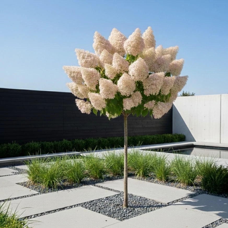 Látványkép egy szinesedő magastörzsű Polar Bear hortenziáról egy modern kertben. 