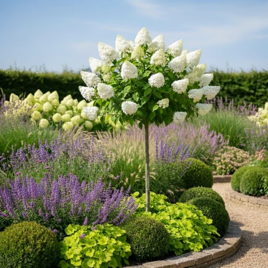 Látványkép egy magastörzsű Polar Bear hortenziáról dísznövények között. 