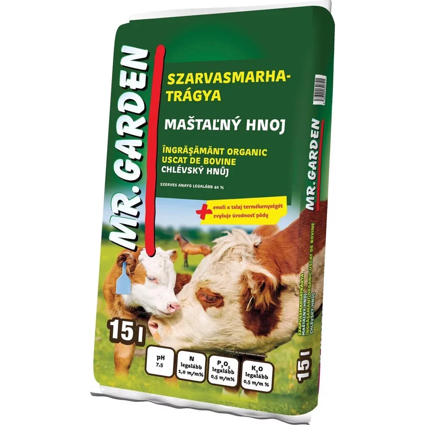 Szarvasmarhatrágya komposztált Mr. Garden 15 literes kiszerelésben. 