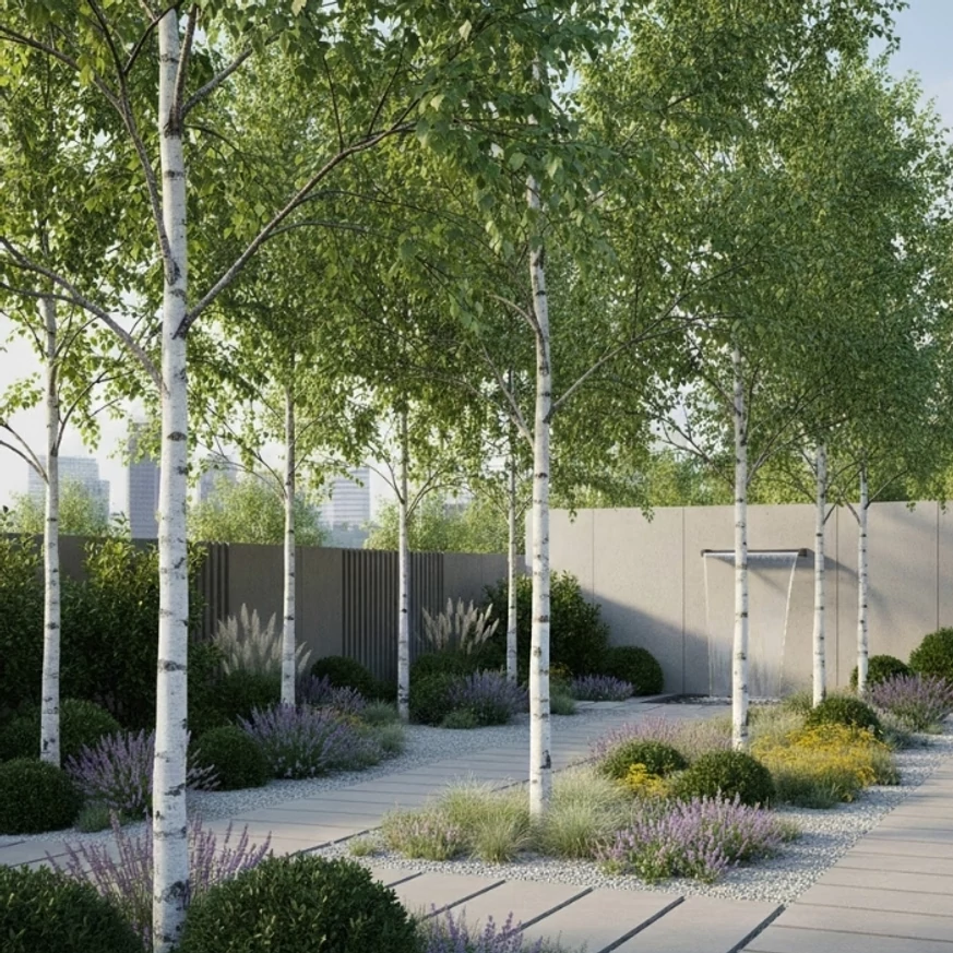 Látványkép egy modern kertről, himalájai nyírrel. 