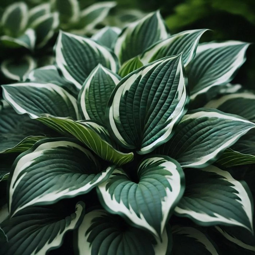 A Hosta fortunei Francee fehér szélű, zöld lombozata.