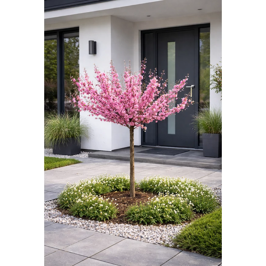 A Prunus triloba telt, rózsaszín virágokkal, 100cm magas törzsön, modern előkertben.