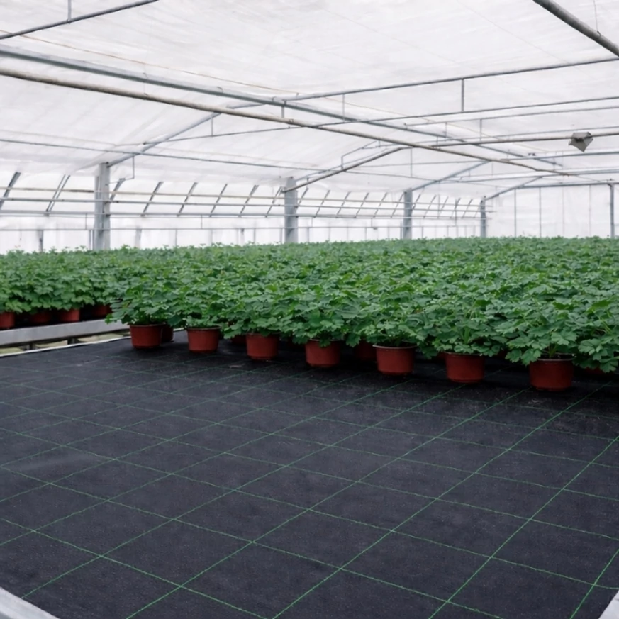 Fekete agroszövet alkalmazása kertészetben. 