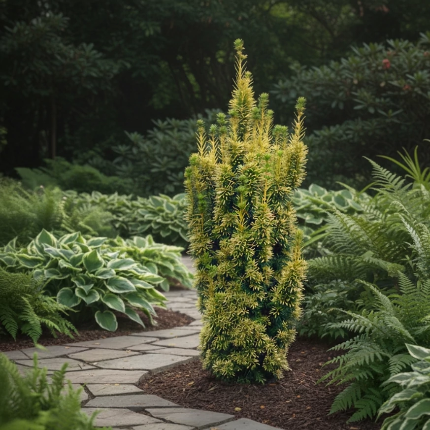 Arany oszlopos tiszafa látványképe egy árnyékos kertrészben. 