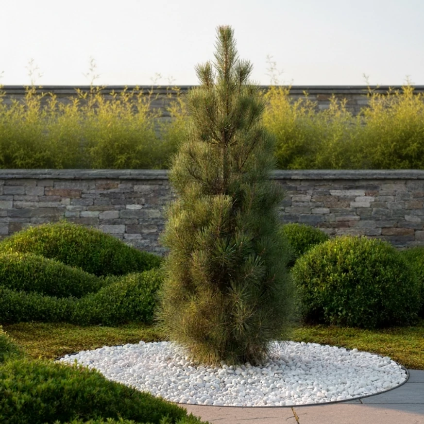 Green Tower fenyő látványképe egy díszkertben.